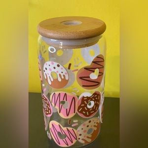 Heart & Regular Shaped Donuts 16oz Glass Libby Cup w/ Glass Straw